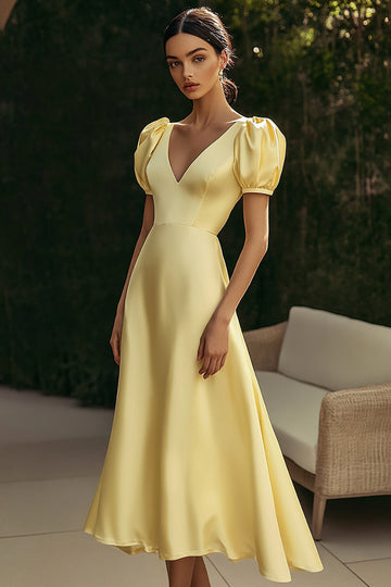 Yellow Satin A Line V-Neck Formal Dress with Puff Sleeves